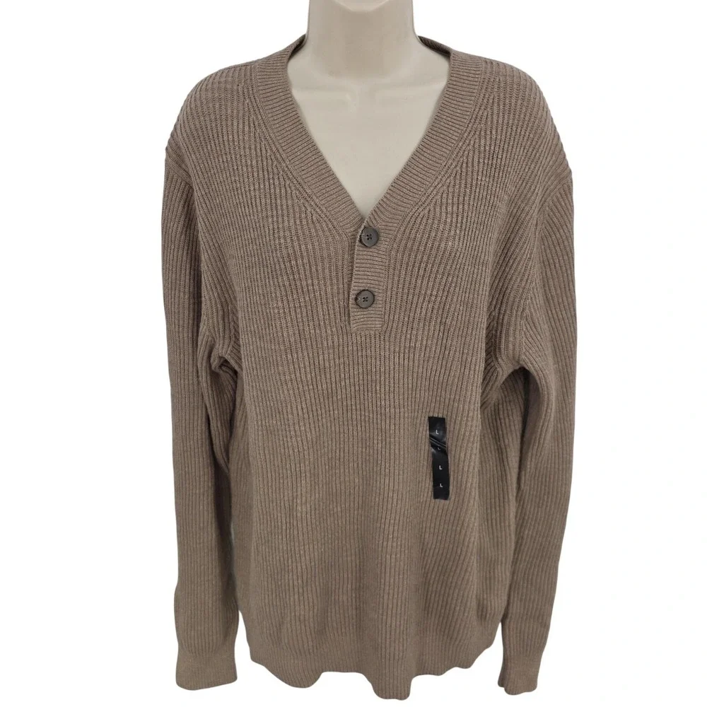 Banana‎ Republic Sweater Mens Large Brown Henley V Neck Ribbed Pullover New